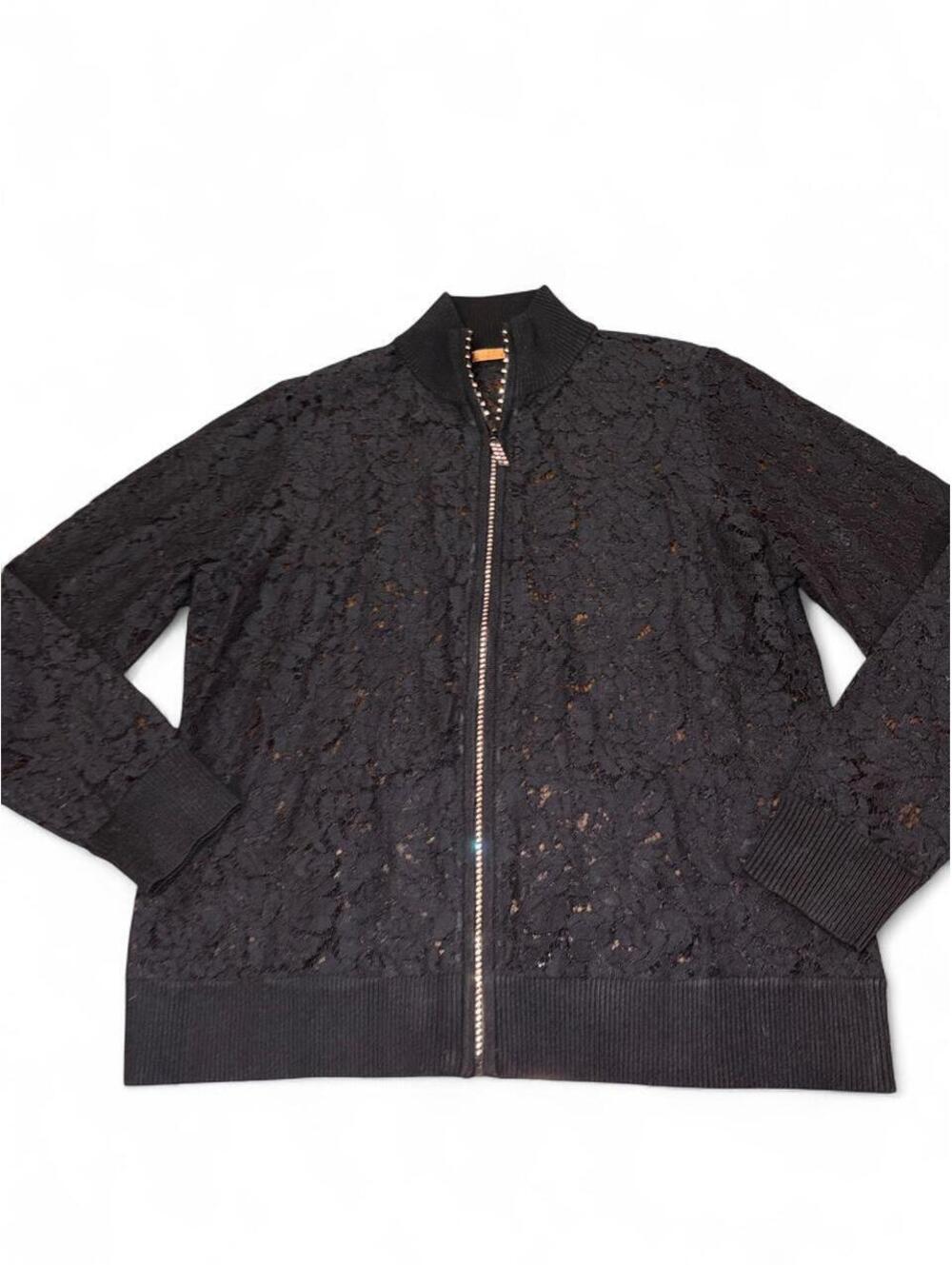 Belldini Black Lace Full-Zip Bomber Jacket with Rhinestone Zipper Detail